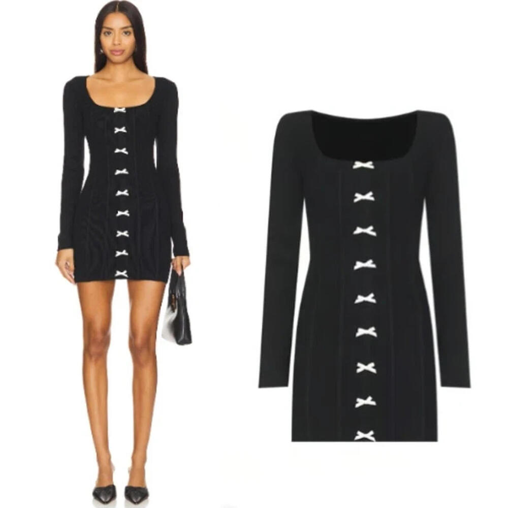 MAJORELLE Lizbeth Mini Dress Black Long Sleeve Sweater Dress Bows S NWT $188